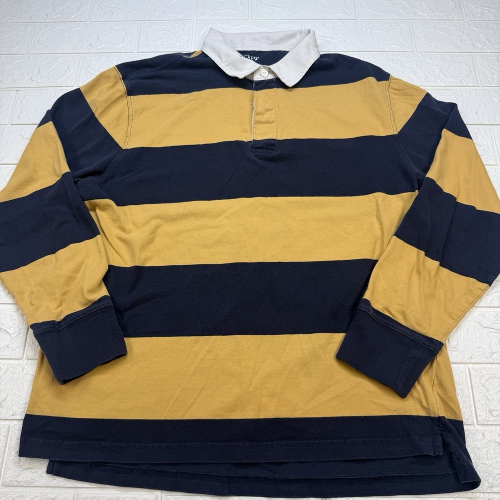 J Crew Rugby Shirt Mens Large  Yellow Navy Colorblock Stripe Long Sleeve Jersey